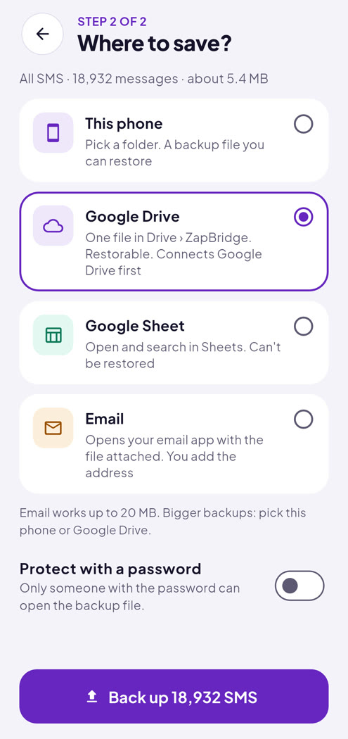 Back up now: pick where to save, with an optional password