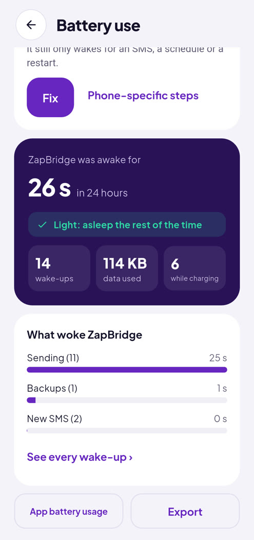 Battery use: how often ZapBridge woke up