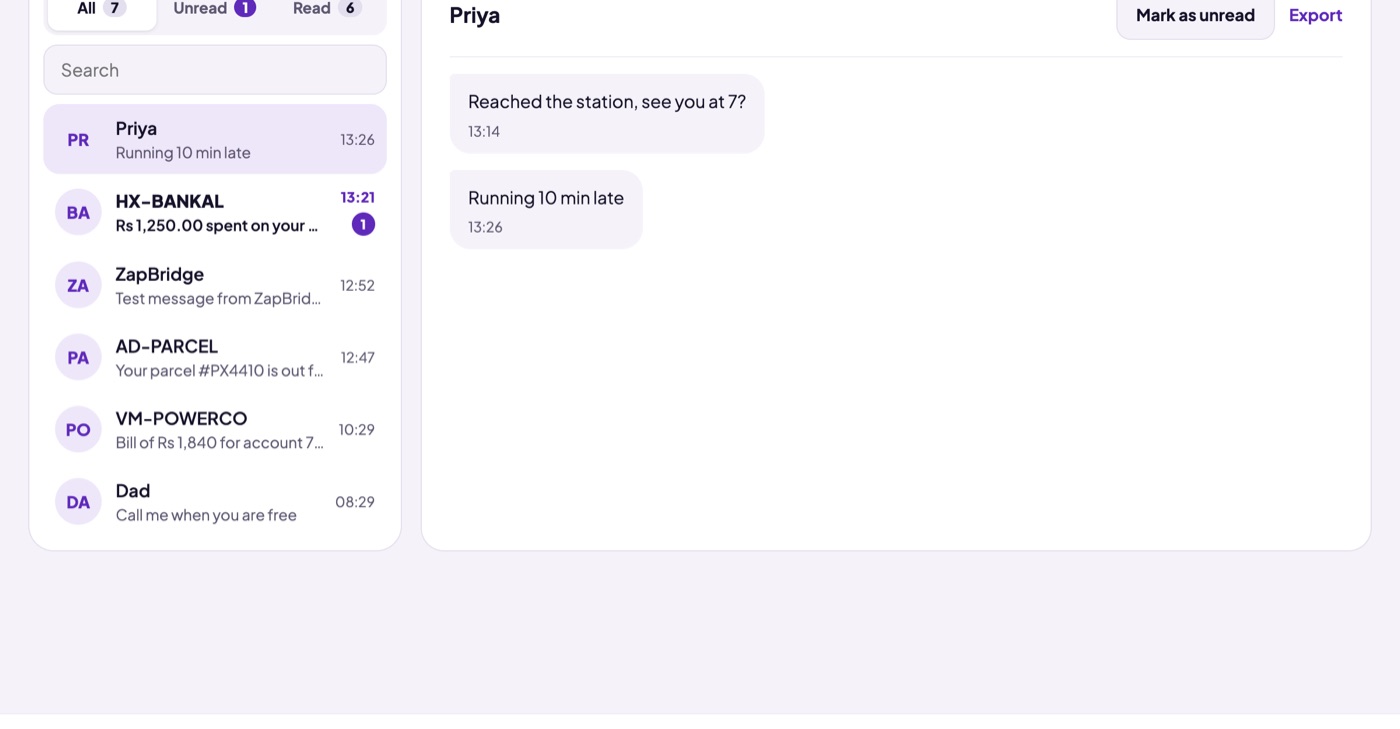 Web view: new SMS in a browser on a laptop, with read and unread